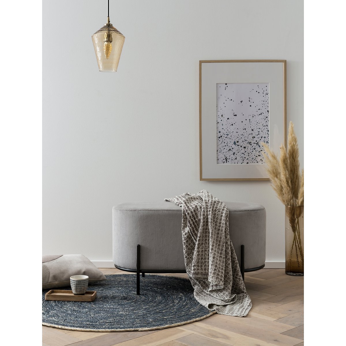Upholstered stool corduroy look light gray