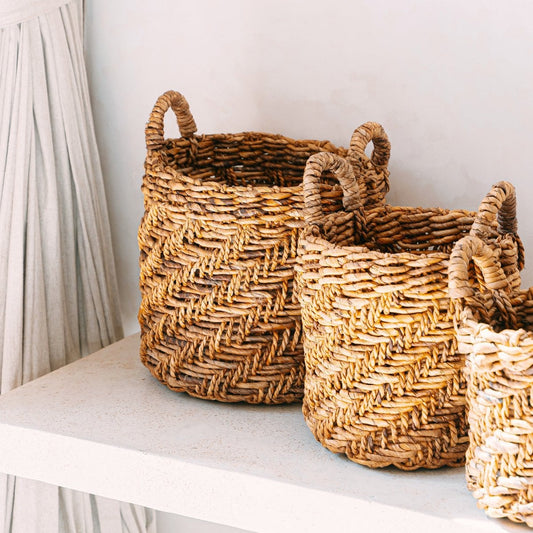 Boho -Wäscherei oder Pflanzenkorb - runder gewebter Lagerkorb - dekorativer Korb aus Bananenfasern (3 Größen Ø 25/32/38 cm) Rinjani