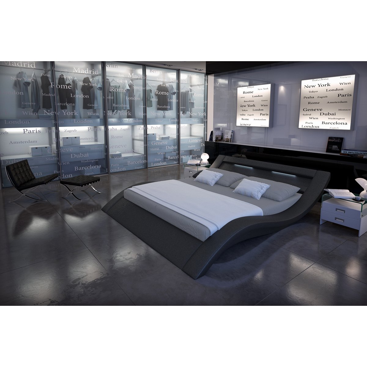 Upholstered bed 140x200 cm LED black faux leather look