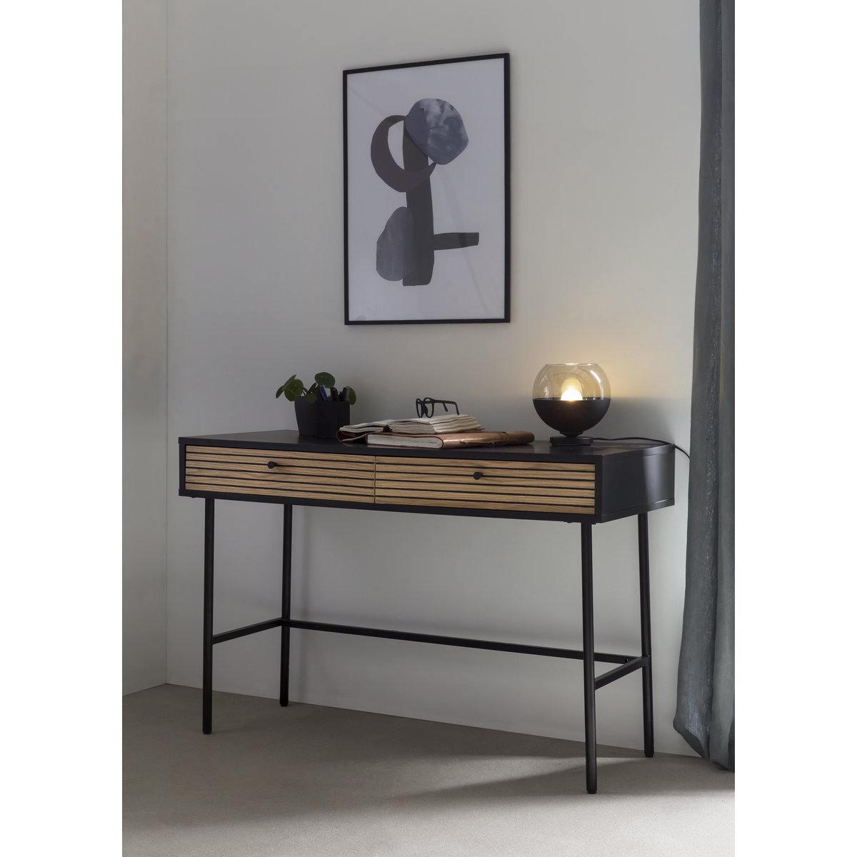 Desk black/oak real wood veneer