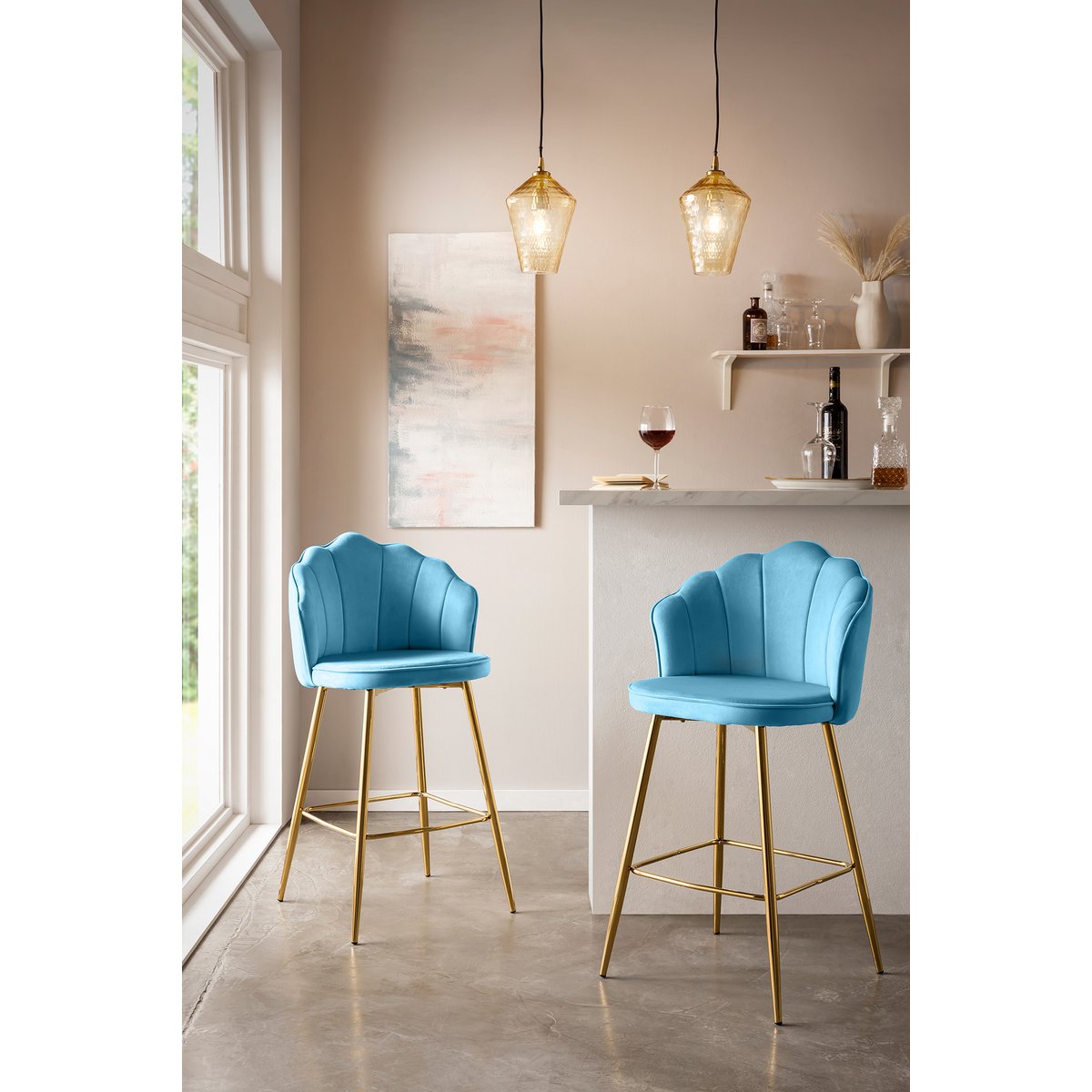 Set of 2 shell design bar stools in blue velvet
