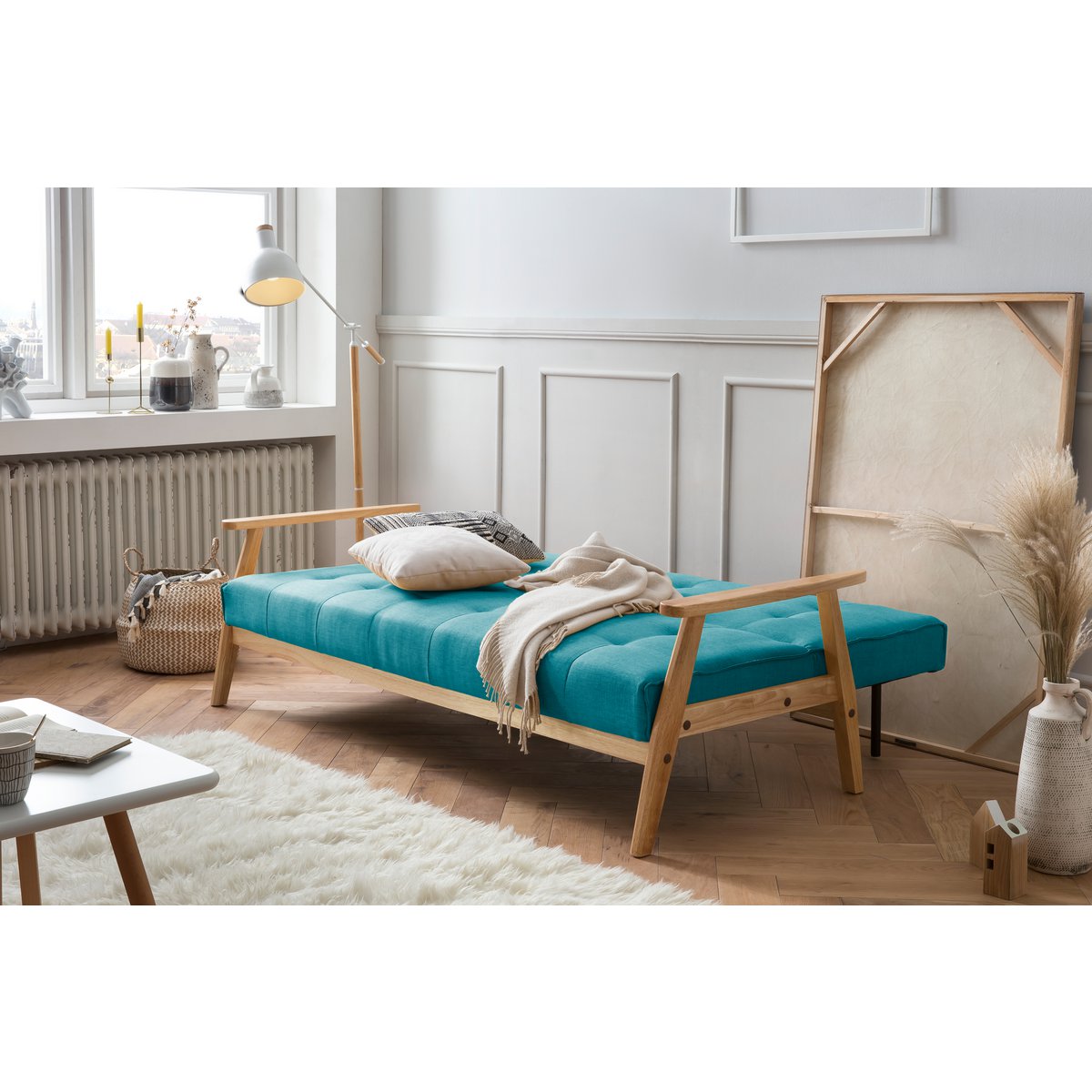Sofa bed in Scandinavian textured petroleum