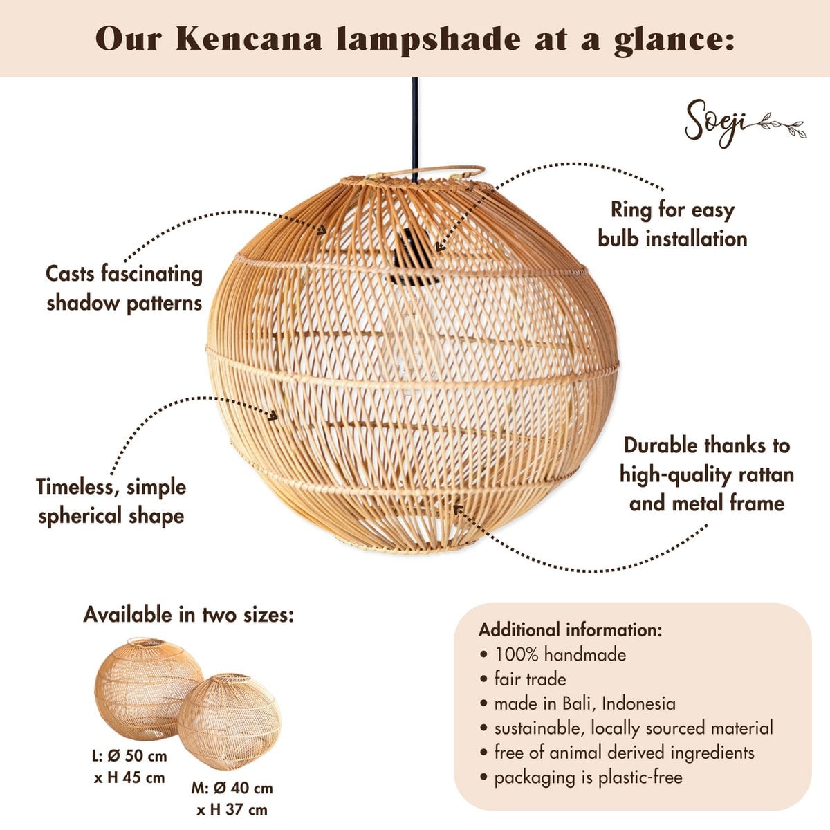 Runde Rattan -Lampenschatten - Boho -Anhänger hell moderne - handgefertigte Deckenlampe - sphärische natürliche Hanglampe (Ø 40/50 cm) Kencana
