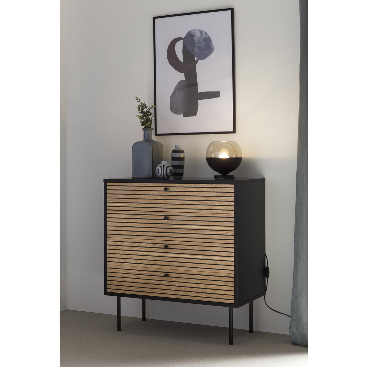 Chest of drawers black/oak real wood veneer