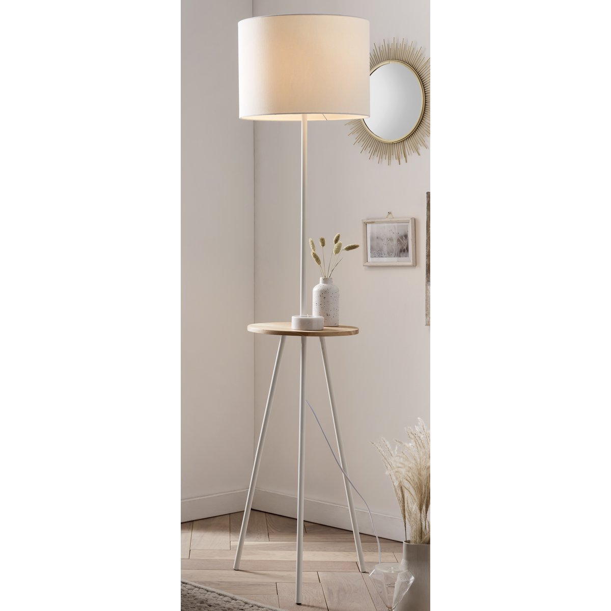 Floor lamp with wooden tray