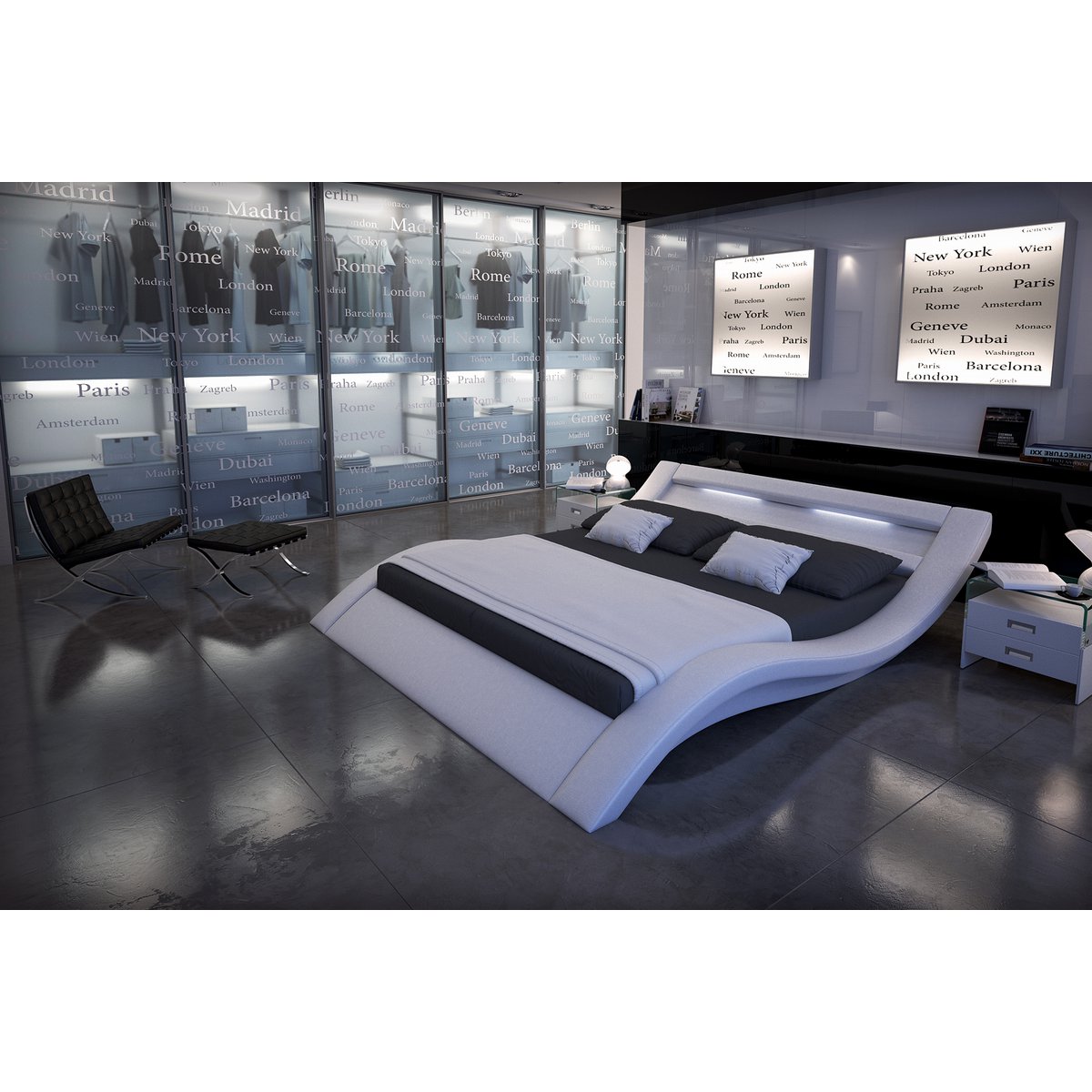 Upholstered bed 180x200 cm LED white faux leather look
