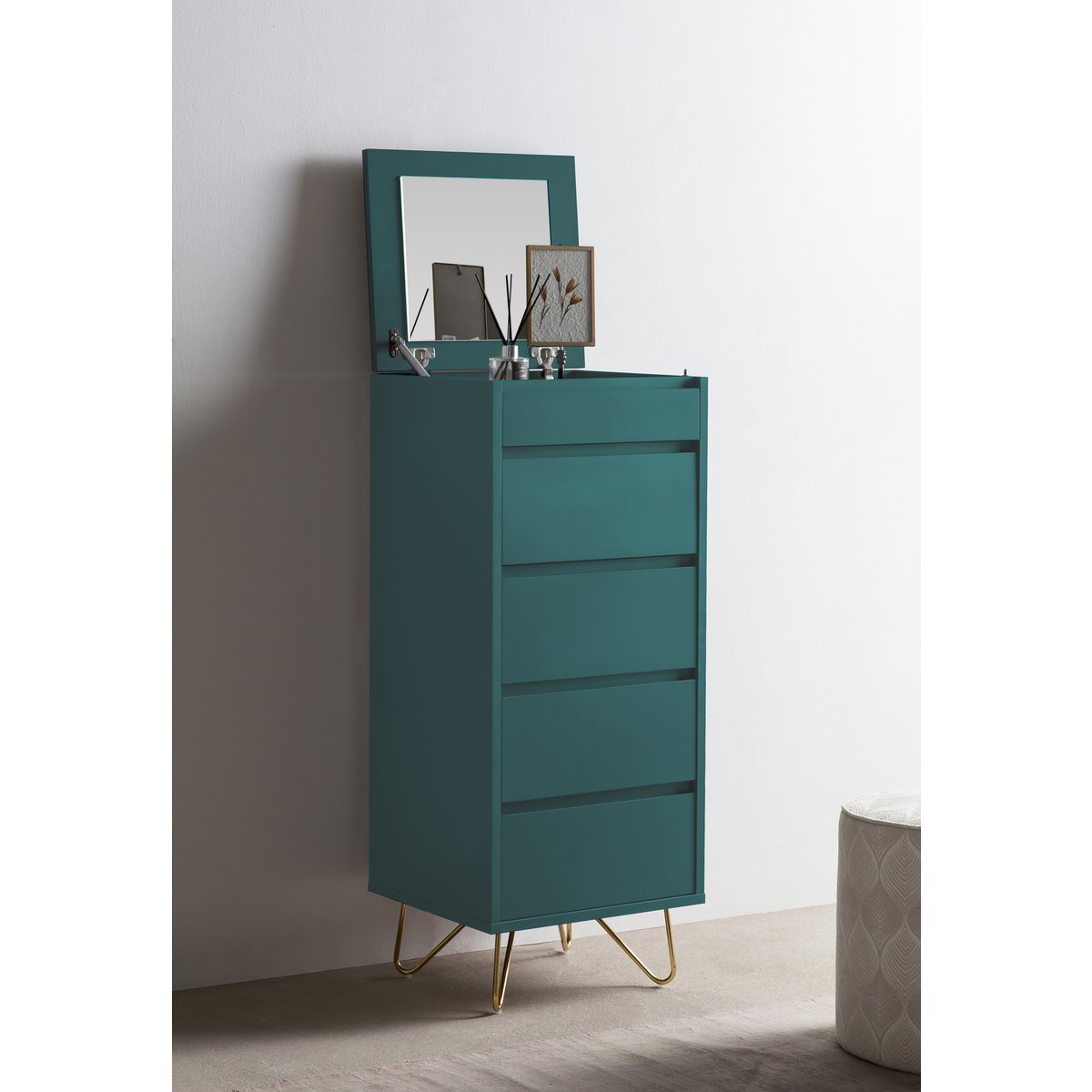 High chest of drawers with 4 drawers and 1 compartment, including mirror