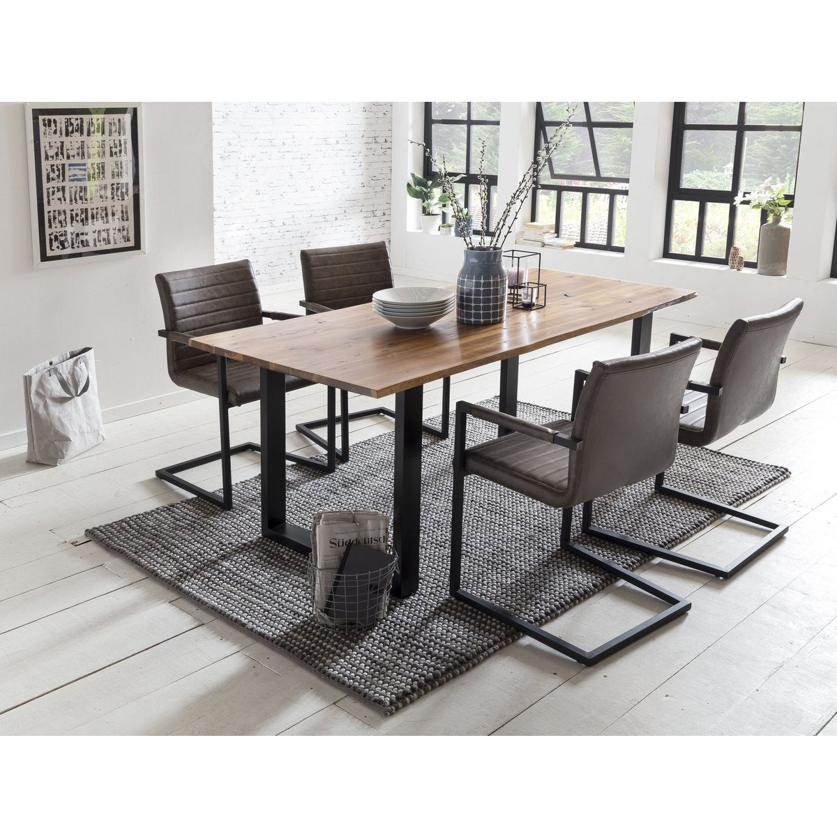 Dining chair, set of 2, dark brown faux leather look