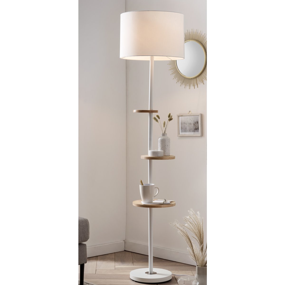 Floor lamp with 3 wooden shelves