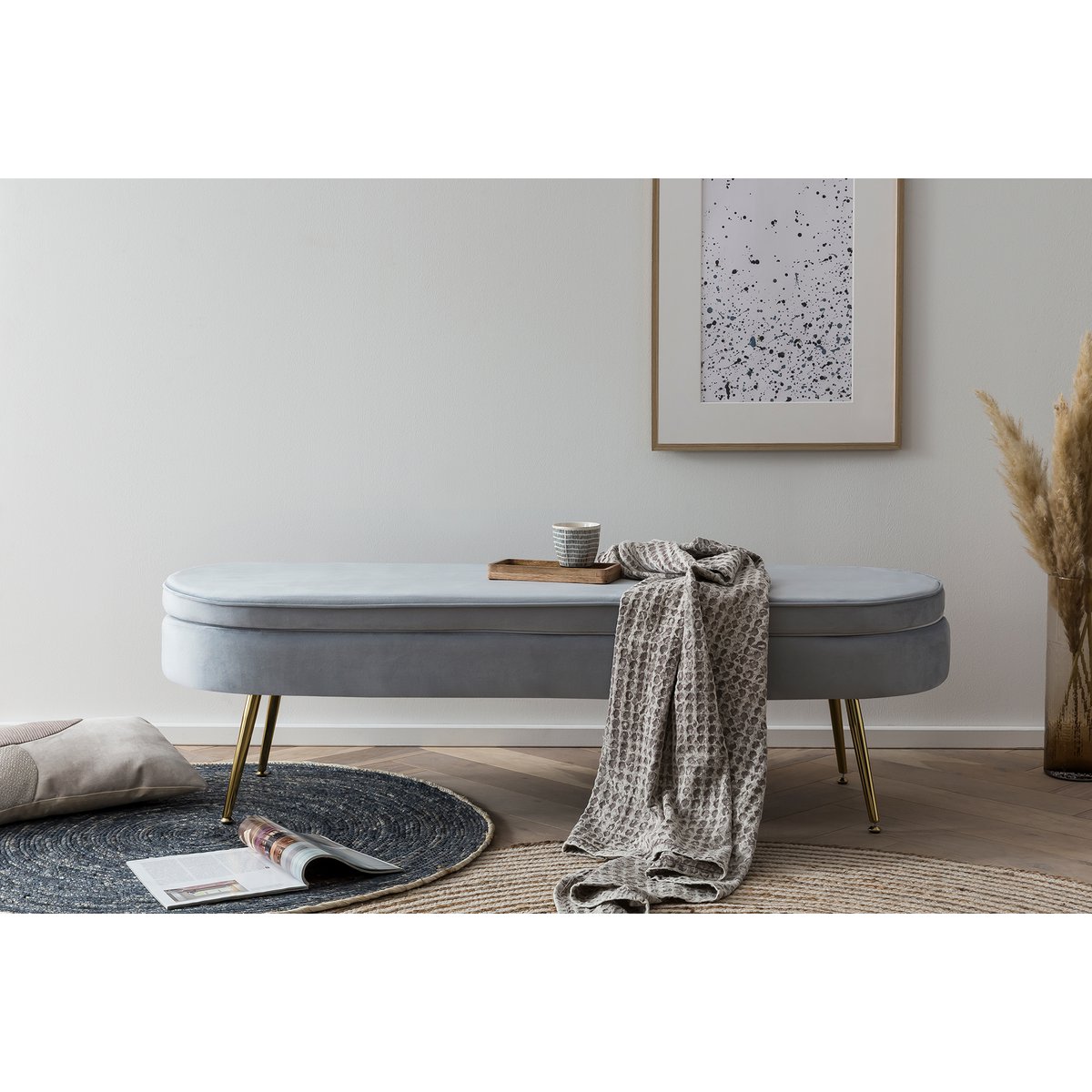 Long oval pouf in light gray velvet