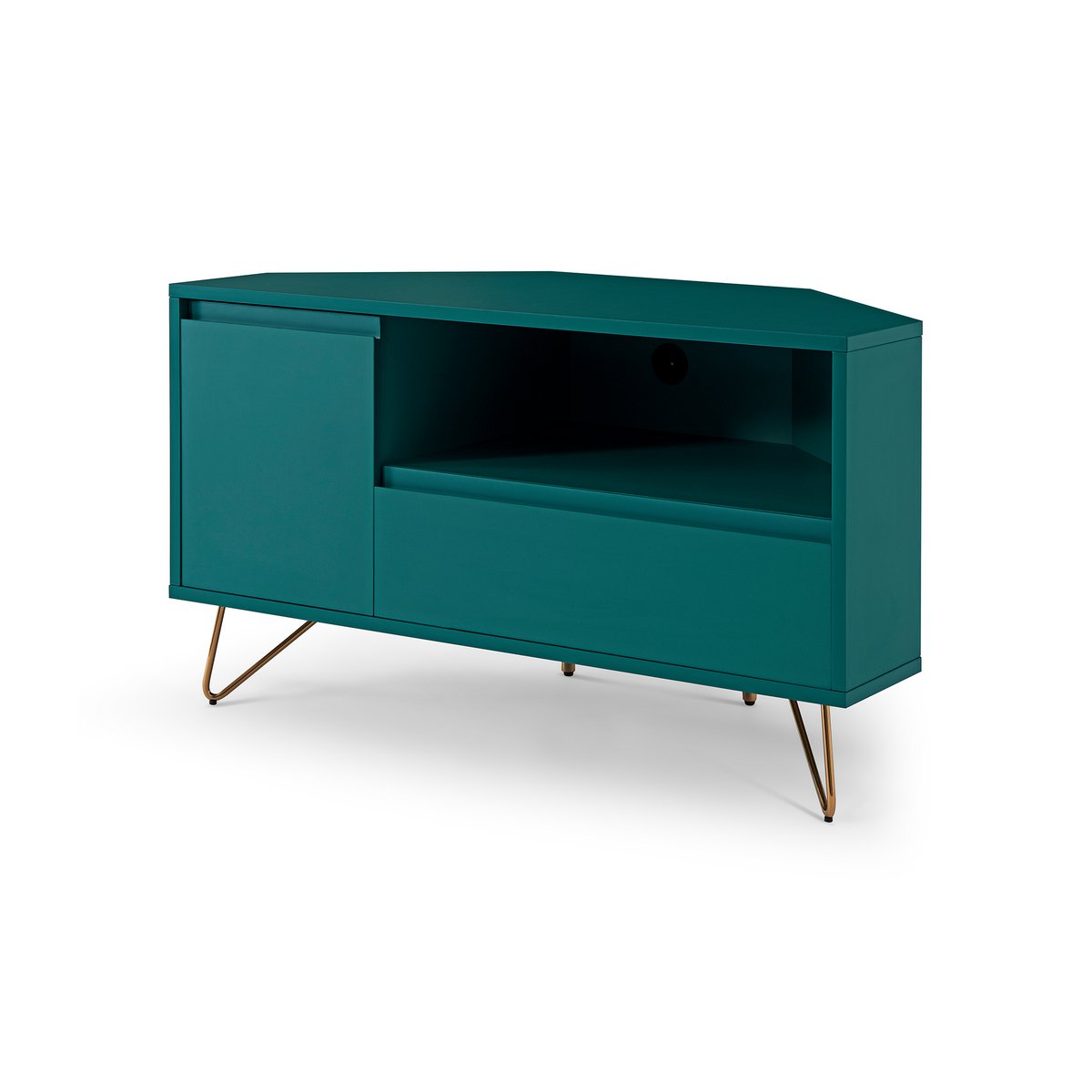 Corner TV lowboard with drawer, folding compartment and open compartment