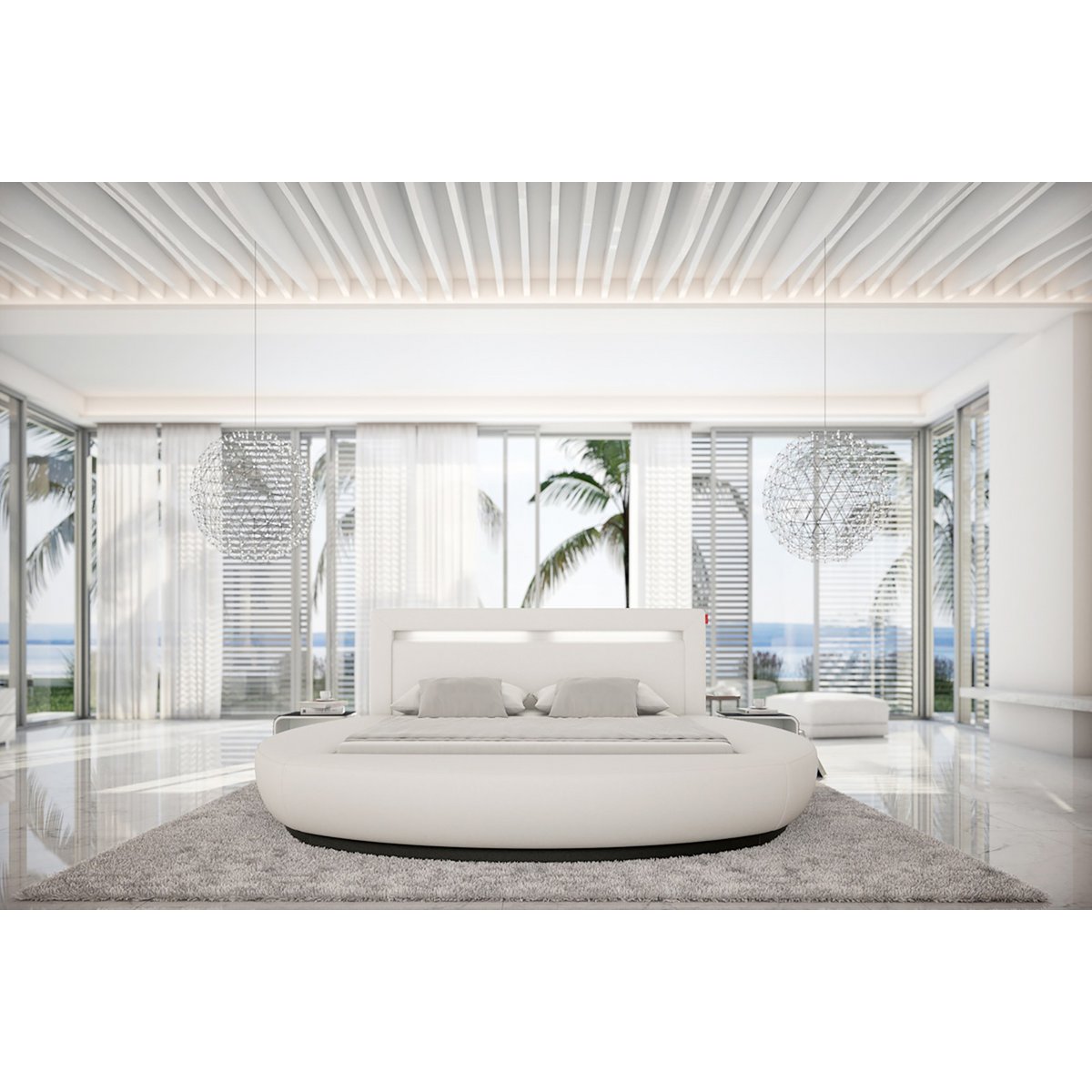 Round bed 140x200 cm LED white faux leather look