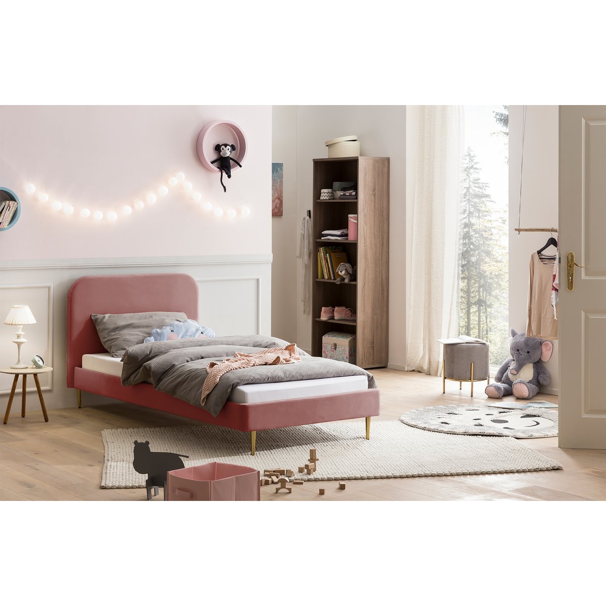 Upholstered bed with rose velvet cover 90x200 cm