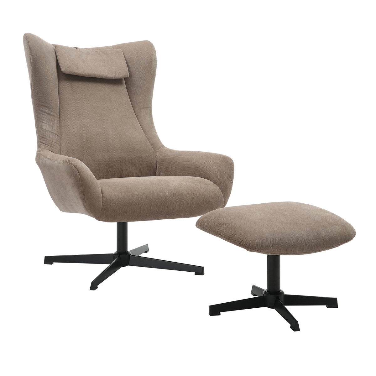 Armchair and stool corduroy look brown
