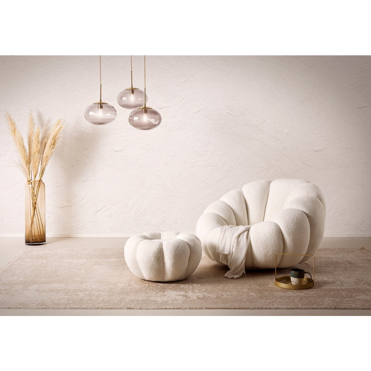 Armchair and stool set made of white teddy fur
