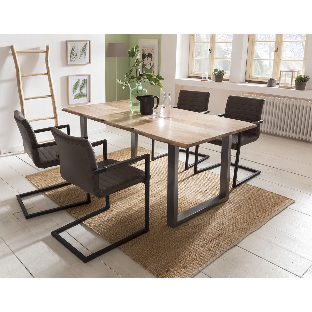 Dining chair, set of 2, dark brown faux leather look