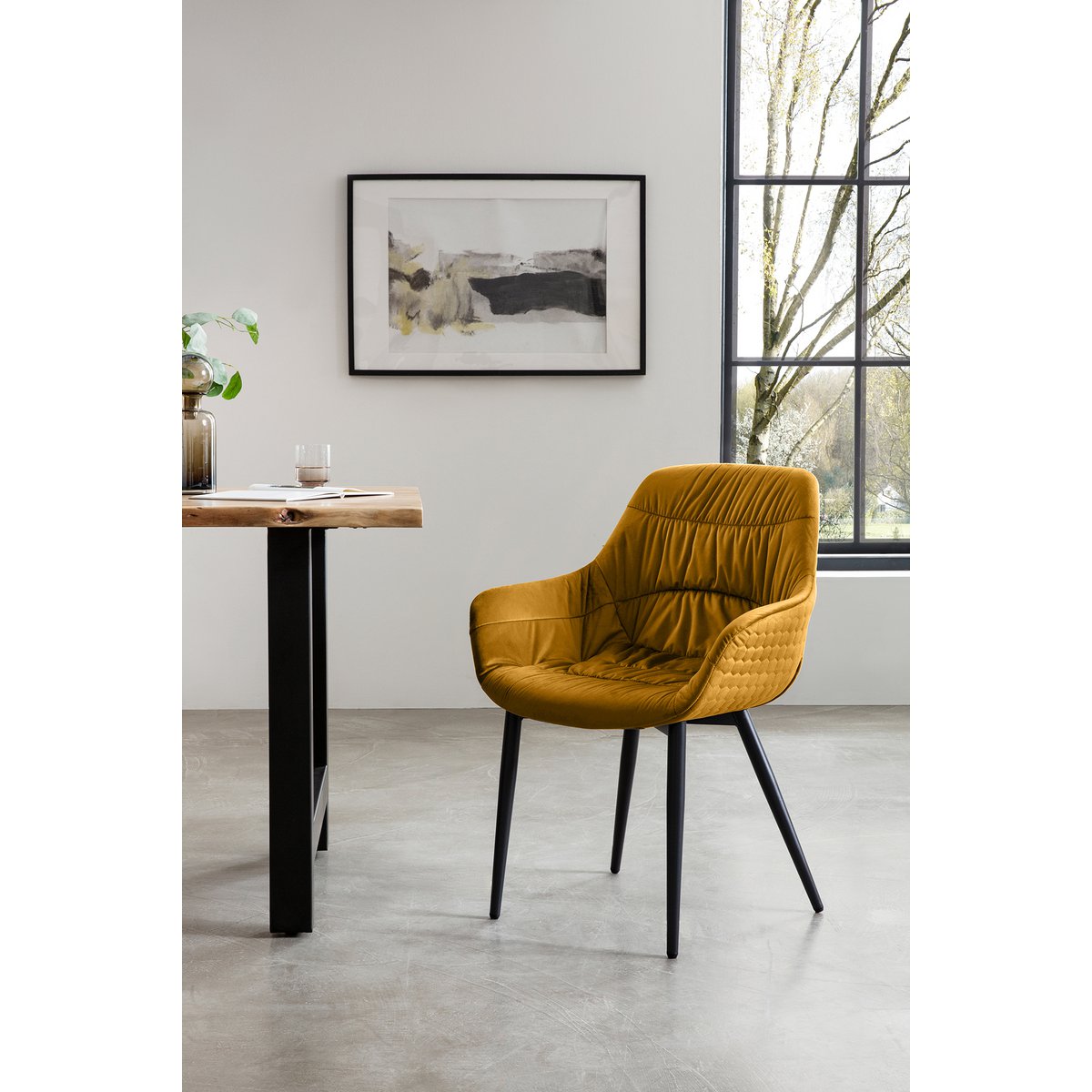 Armchair with honeycomb quilting in mustard yellow velvet