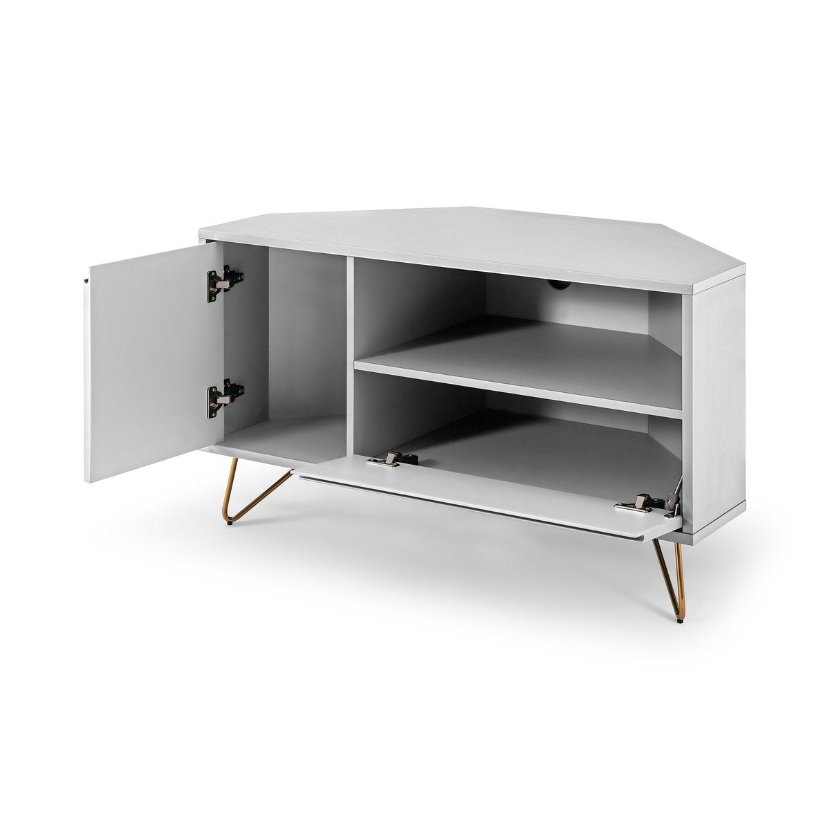 Corner TV lowboard with drawer, folding compartment and open compartment