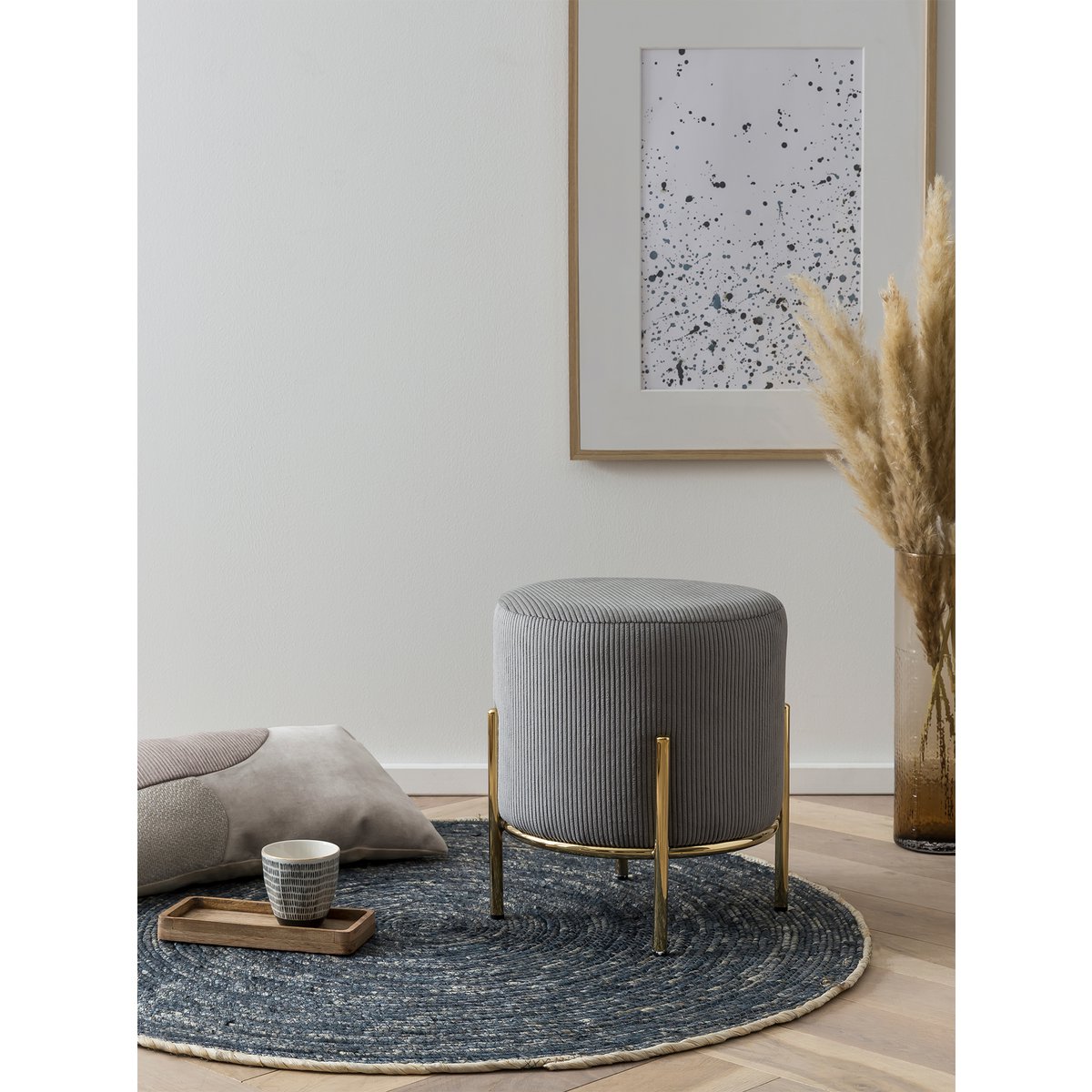 Upholstered stool Ø35 cm cord optic gray