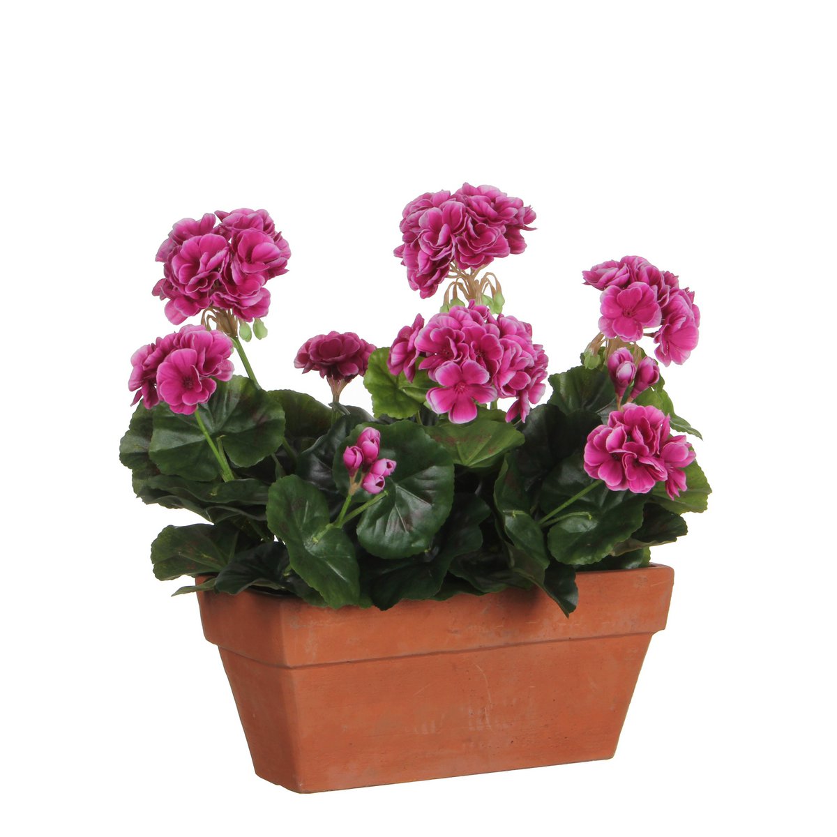 Künstliche Geranienpflanze im Balkonkasten – L29 x B13 x H40 cm – Lila